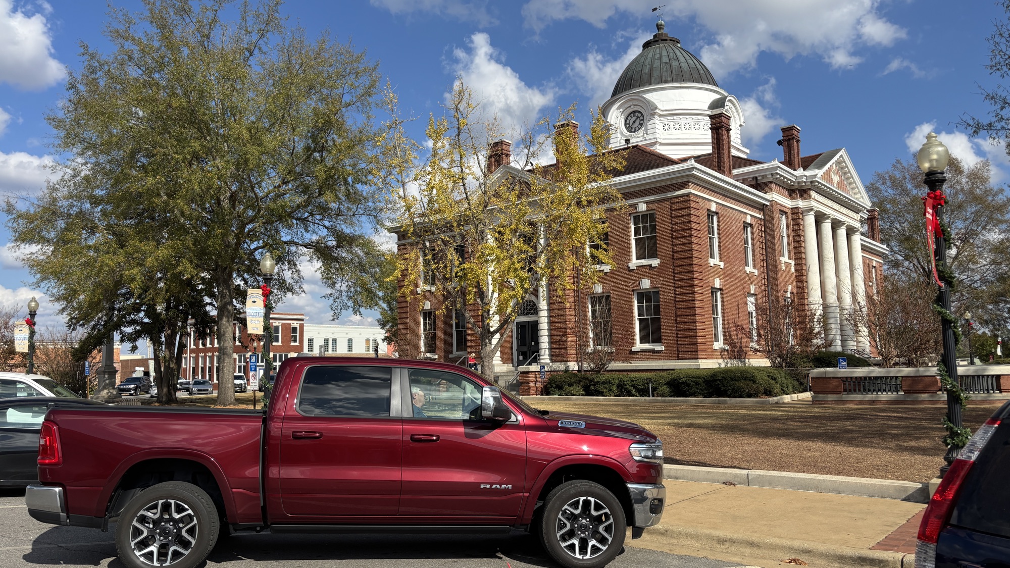 The Ram parked outside a small-town courthouse on the southbound leg.